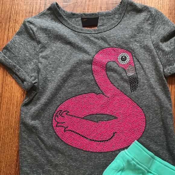 BUTTER Set*Embellished Flamingo*T Shirt + Shorts - Picture 2 of 4